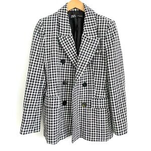 Zara black and white double breasted jacket blazer checked